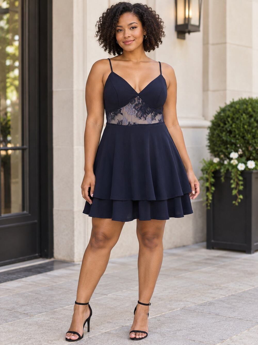 City Studio Navy Floral Lace Mesh Fit & Flare Dress Size 13 NEW